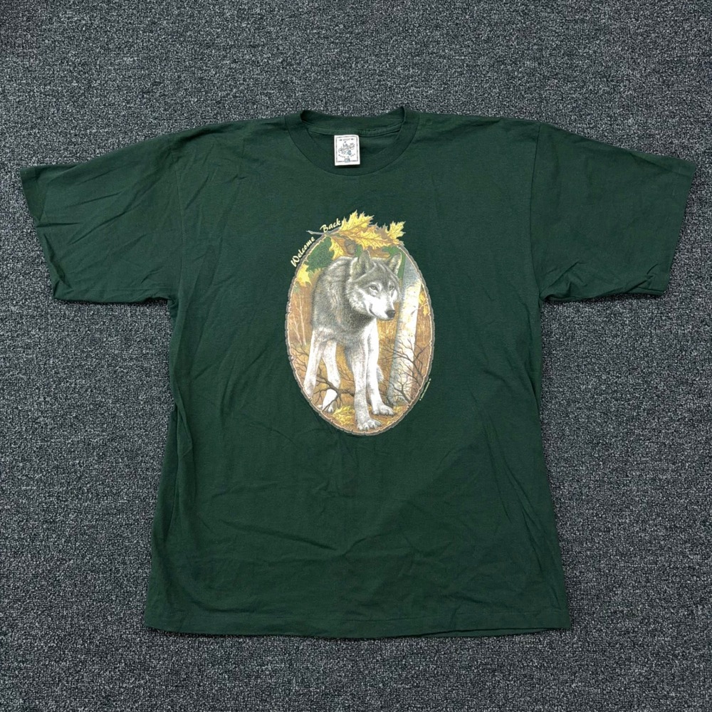 Vtg Wolf T Shirt Mens XL Green Single Stitch Made in USA Alore Earth Foundation